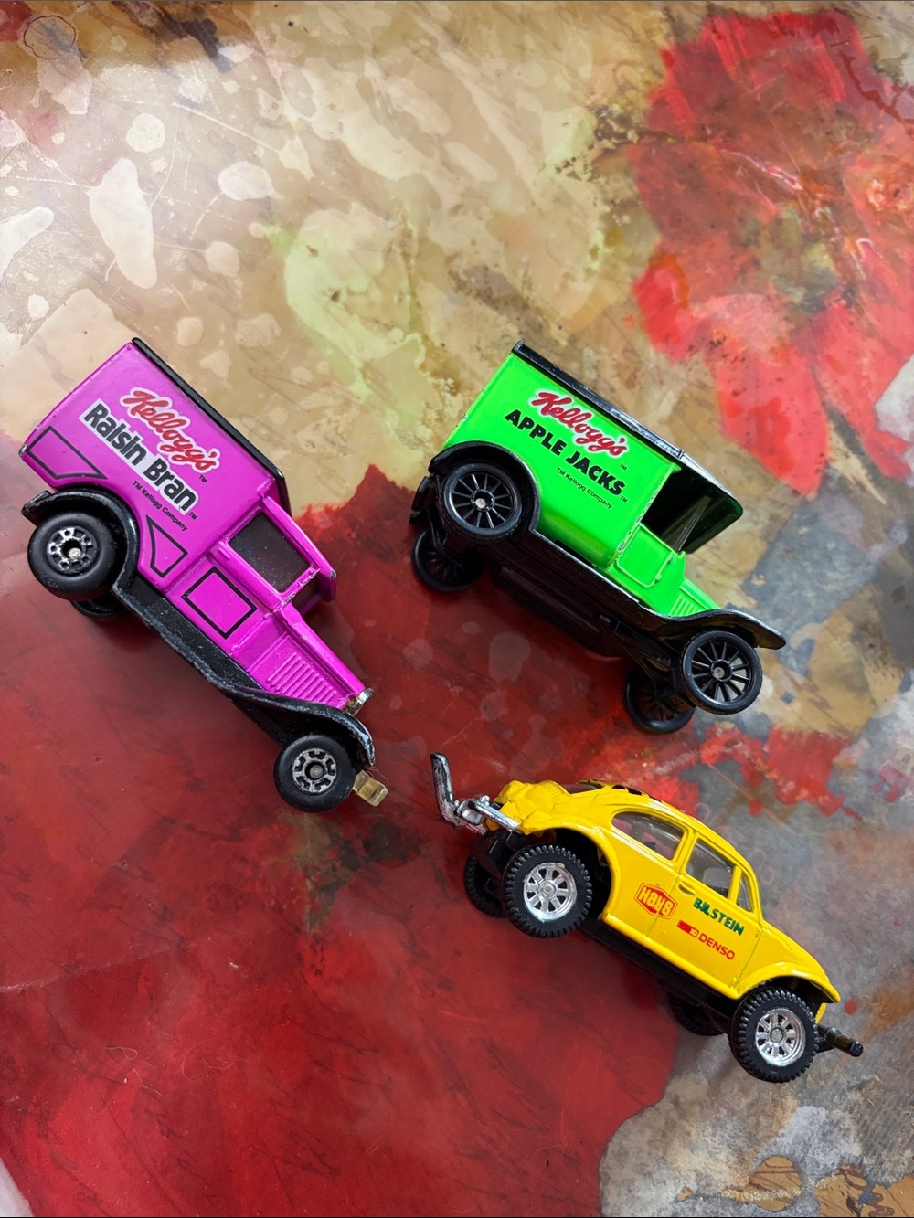 Vintage Toy Delivery Trucks & Bug Playset - Pink, Green, Yellow